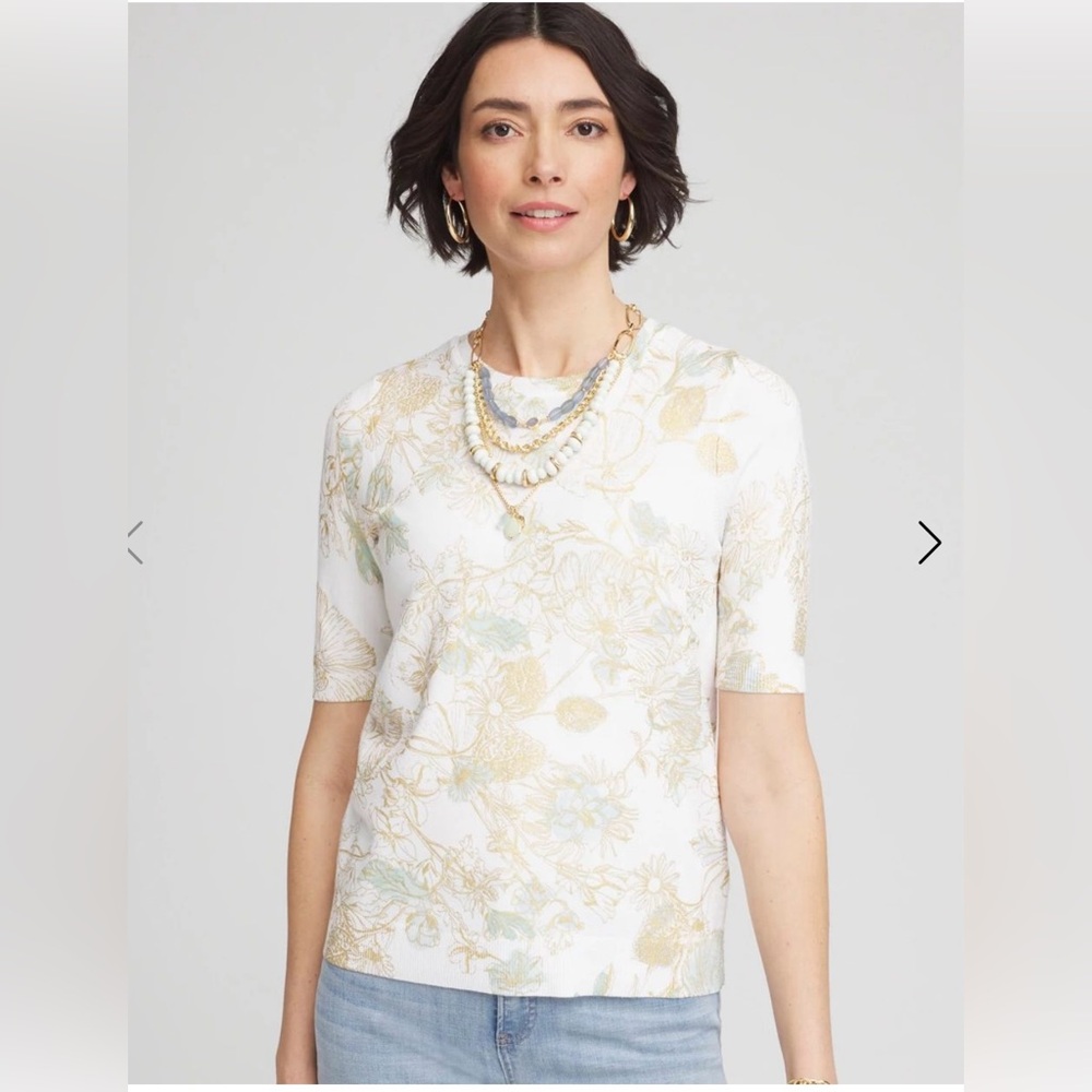 NWT Chico’s Pullover Sweater White Floral Golden Foil Design Round Neck Sz 4 XXL
